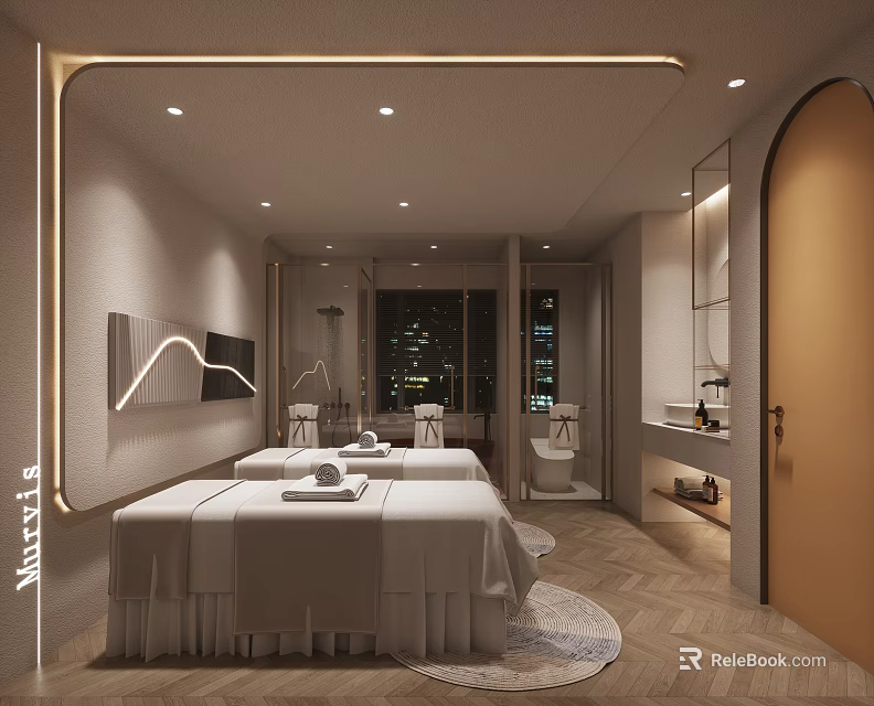 Modern SPA Sauna Interior With Two Massage Beds Lighting Decor Mirrors And City Night View 3d model 