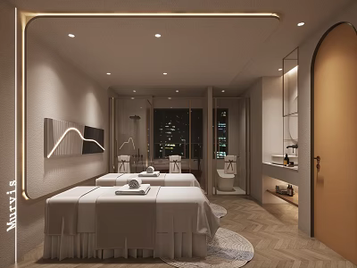 Modern SPA Sauna Interior With Two Massage Beds Lighting Decor Mirrors And City Night View 3d model