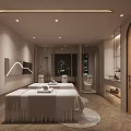 Modern SPA Sauna Interior With Two Massage Beds Lighting Decor Mirrors And City Night View
