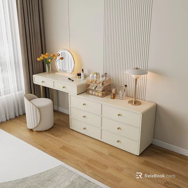 Modern White Dressing Table With Round Mirror Storage Drawers Yellow Flowers And Padded Stool 3d model 