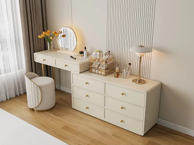 Modern White Dressing Table With Round Mirror Storage Drawers Yellow Flowers And Padded Stool 3d model