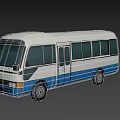 White and Blue City Bus With Large Windows and Side Doors
