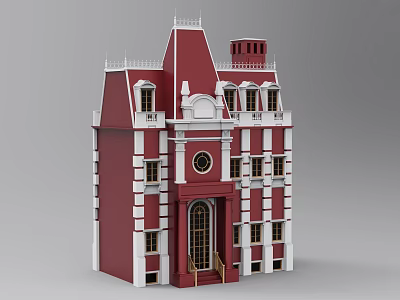 Classical Red And White Detached Villa With Multiple Windows Roof Decorations And Porch Steps 3d model