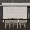 Modern Dining Room With Long Table Gray Chairs Hanging Lights Wall Art And Potted Plant