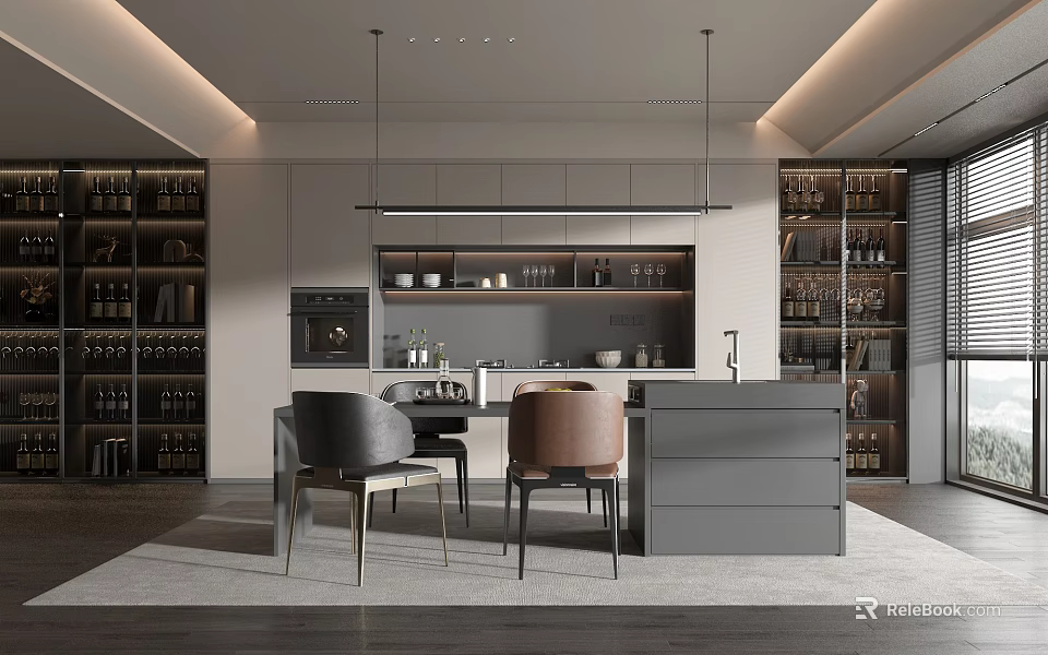Modern Minimalist Restaurant Interior With Gray Cabinets Island Counter And Dining Chairs 3d model 