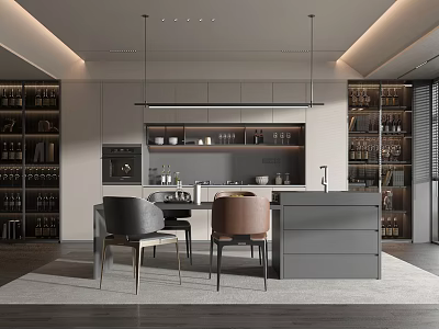 Modern Minimalist Restaurant Interior With Gray Cabinets Island Counter And Dining Chairs 3d model