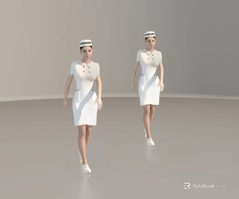 Women in White Nurse Uniforms with Caps Walking in Gray Room 3d model 