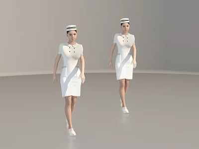 Women in White Nurse Uniforms with Caps Walking in Gray Room 3d model