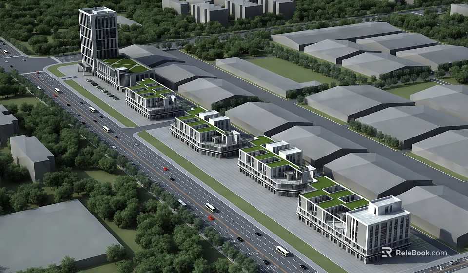 Modern Office Buildings With Green Roofs Surrounded By Trees Roads And Vehicles 3d model 