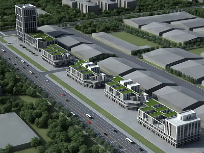 Modern Office Buildings With Green Roofs Surrounded By Trees Roads And Vehicles 3d model