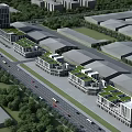 Modern Office Buildings With Green Roofs Surrounded By Trees Roads And Vehicles
