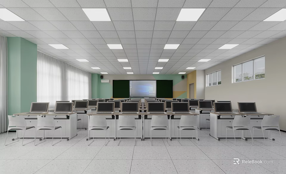 School Computer Classroom With Computer Desks Projector Screen Green Walls And Windows 3d model