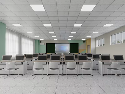 School Computer Classroom With Computer Desks Projector Screen Green Walls And Windows 3d model