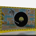 Vintage Vinyl Record Player Check In Board With Yellow Border Colorful Text And Happy Elements
