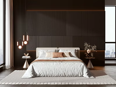 Modern Double Bed with White Quilted Bedspread Dark Wooden Headboard Wall Pendant Lights and Bedside Tables 3d model