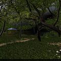 Scenic Natural Landscape With Lush Foliage Green Grass White Flowers And Gazebo In Peaceful Park
