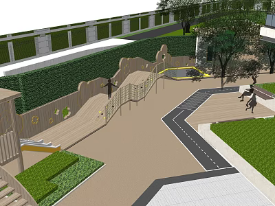 Garden Landscape Design With Children's Wooden Play Structures And Green Lawn Areas 3d model