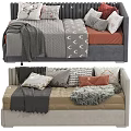 Elegant Upholstered Beds With Colorful Decorative Pillows Soft Blankets And Striped Mattress