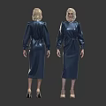 Shiny Blue Long Sleeve Dress On Model With Front And Back View And High Heels