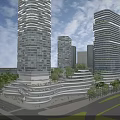 Modern High Rise Office Buildings With Glass Curtain Walls Terraced Bases And Urban Greenery