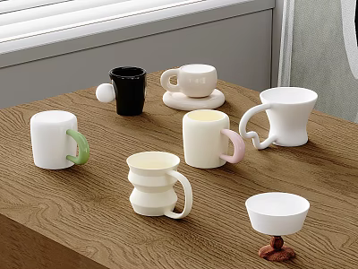 Different Colored Ceramic Mugs With Handles In Various Shapes On Wooden Table 3d model