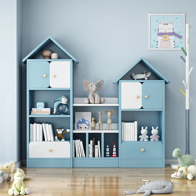House Shaped Blue And White Bookcase In Kids Room With Stuffed Toys Books And Decorations 3d model 