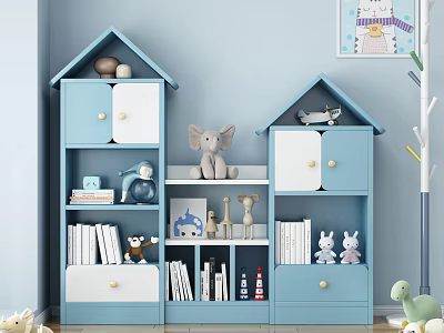 House Shaped Blue And White Bookcase In Kids Room With Stuffed Toys Books And Decorations 3d model