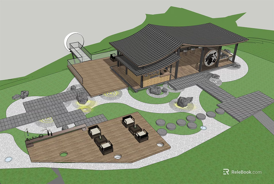 Traditional Landscaped Post Station with Black Tiled Roof Green Lawn Stone Pavement and Outdoor Seating 3d model 
