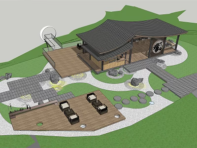 Traditional Landscaped Post Station with Black Tiled Roof Green Lawn Stone Pavement and Outdoor Seating 3d model