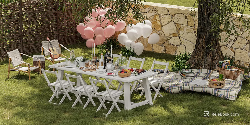 Charming Garden Patio With Pink White Balloons White Folding Chairs Stone Wall And Picnic Mat 3d model 