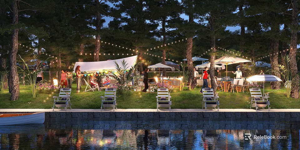 Scenic Evening Park Landscape with String Lights White Canopies Tables Chairs and Lake Reflections 3d model 
