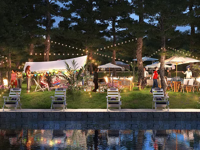 Scenic Evening Park Landscape with String Lights White Canopies Tables Chairs and Lake Reflections 3d model