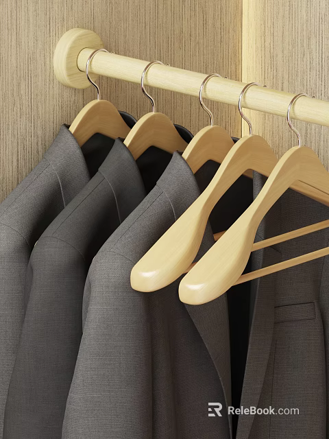 Well Organized Walk in Closet Interior With Hanging Suits And Wooden Hangers 3d model 
