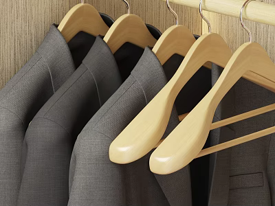 Well Organized Walk in Closet Interior With Hanging Suits And Wooden Hangers 3d model