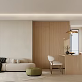 Modern Living Dining Room Interior with Open Kitchen Cabinets Marble Countertop and Blinds