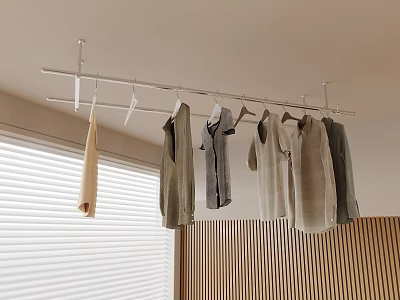 Ceiling Mounted Metal Clothes Rack With Hanging Clothes Blinds And Wooden Wall Panel 3d model