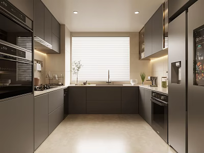 Modern Kitchen Interior With Grey Cabinets Stainless Steel Appliances Window And Countertop 3d model