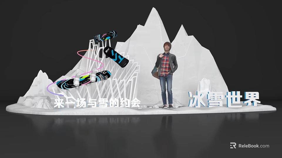 Snow Ice Themed Photo Check-in Spot With Ski Gear And Mountain Sculptures 3d model 