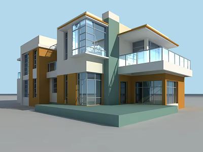 Modern Detached Villa Exterior Design With Balcony Glass Railing And Large Windows 3d model