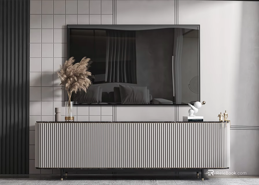Modern Striped TV Stand With Glass Top Metal Frame And Pampas Grass Decor 3d model 