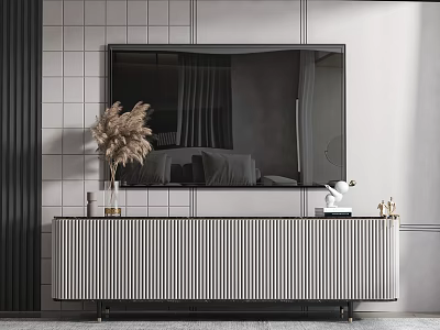 Modern Striped TV Stand With Glass Top Metal Frame And Pampas Grass Decor 3d model