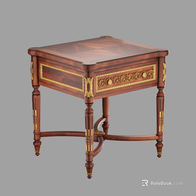 Classic Wooden Side Table with Gold Accents Square Top Carved Legs and Drawer 3d model 