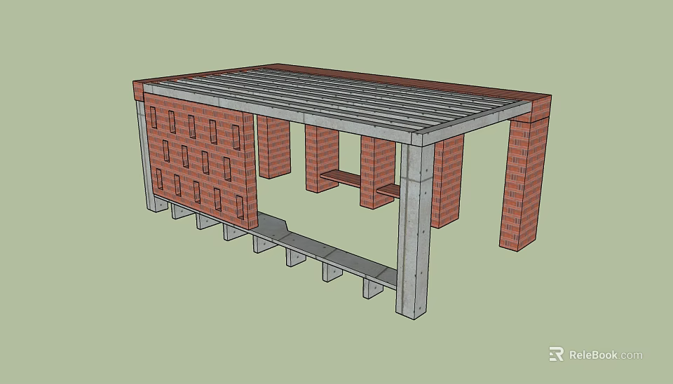 Red Brick Pergola Structure With Gray Grid Top And Support Columns 3d model