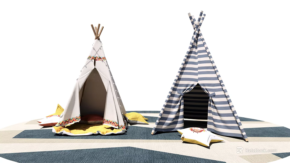 Colorful Tepee Tents With Patterned Accents Striped Design And Yellow Cushions Pillows 3d model 
