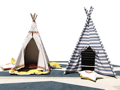 Colorful Tepee Tents With Patterned Accents Striped Design And Yellow Cushions Pillows 3d model