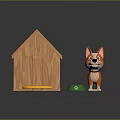 Cute Orange White Dog Standing Near Wooden Dog House With Green Bowl And Bone