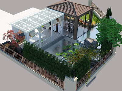 Serene Garden Landscape With Glass Roof Pavilion Pond Water Lilies Stone And Greenery 3d model