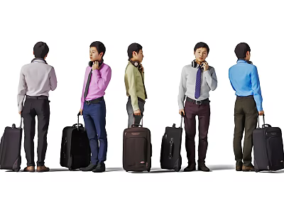 Five Men Standing And Pulling Suitcases Wearing Different Colored Shirts And Pants 3d model
