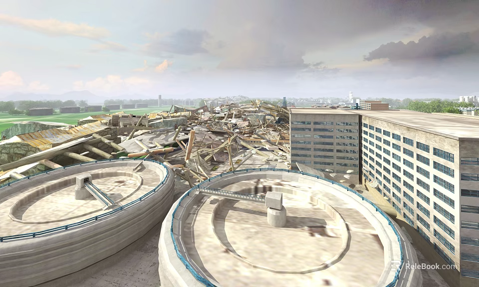 Large Circular Concrete Structures Amid Collapsed Building Ruins With Distant Multi Story Building 3d model 