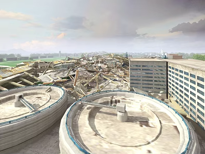 Large Circular Concrete Structures Amid Collapsed Building Ruins With Distant Multi Story Building 3d model